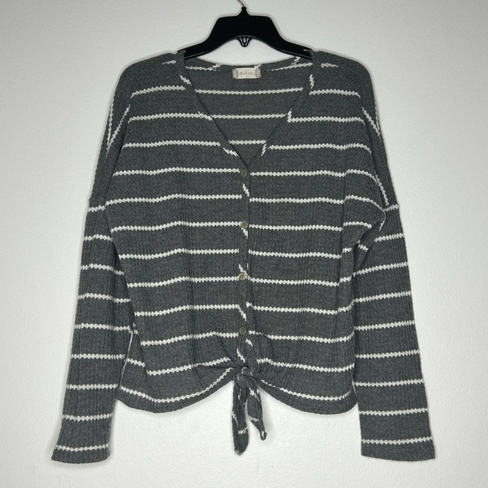 Altar’d State Gray White Striped Button Front Tie Hem Thermal Long Sleeve Top L